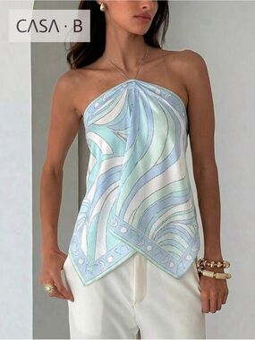 7/19💫CASA B| Amalfi Breeze Pastel Swirl Print Chain Halter Handkerchief Top